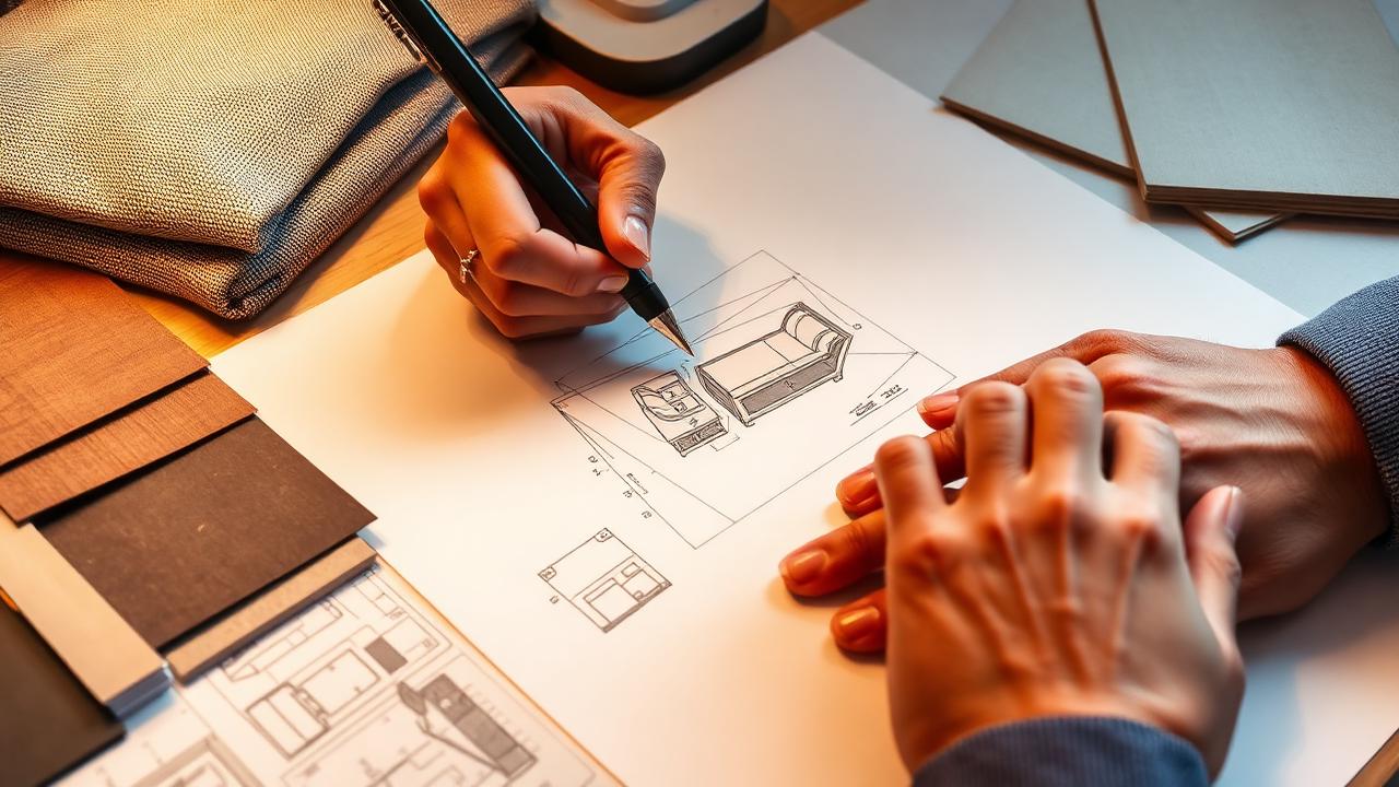 On the left, a furniture catalog; on the right, an architect's drawing of a custom chair — the two models of sourcing.
