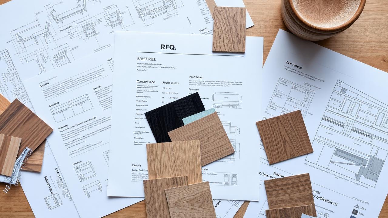 An architect's RFQ document on a desk with a wood sample and a fabric swatch.