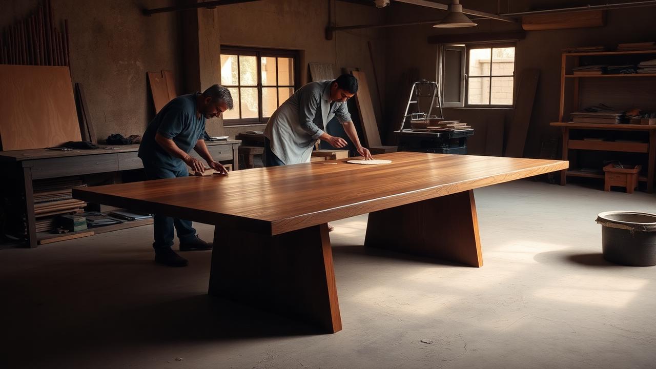 Custom furniture manufacturer in India hand-finishing a walnut dining table at the D' Emporio workshop in Gujarat.
