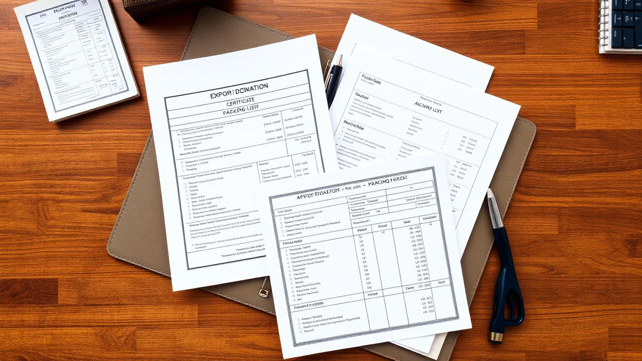 A stack of furniture export shipping documents on a wooden desk.