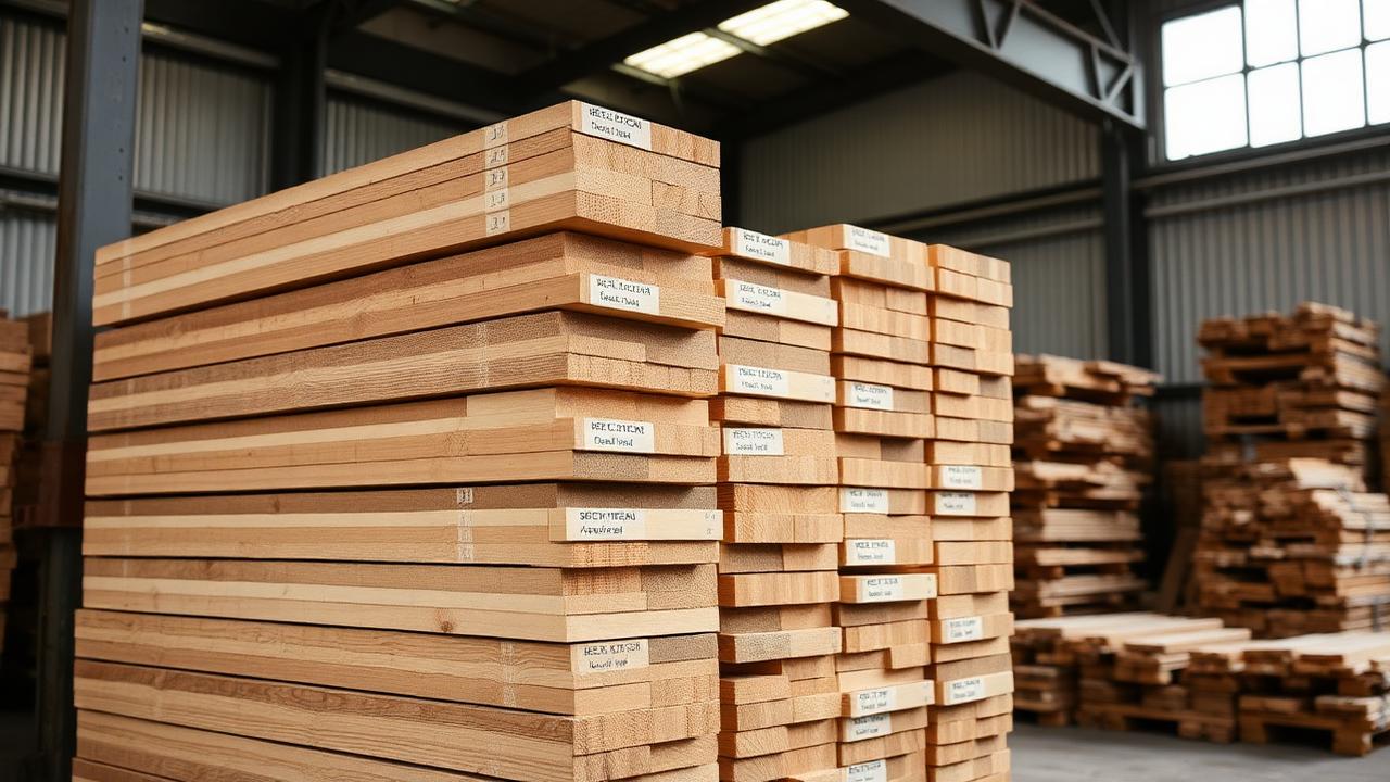 FSC-tagged solid wood planks in an Indian furniture workshop.