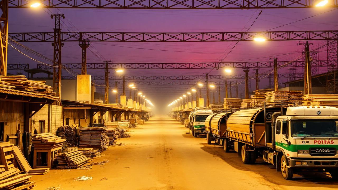 Gujarat industrial estate in golden hour light, furniture manufacturing belt.