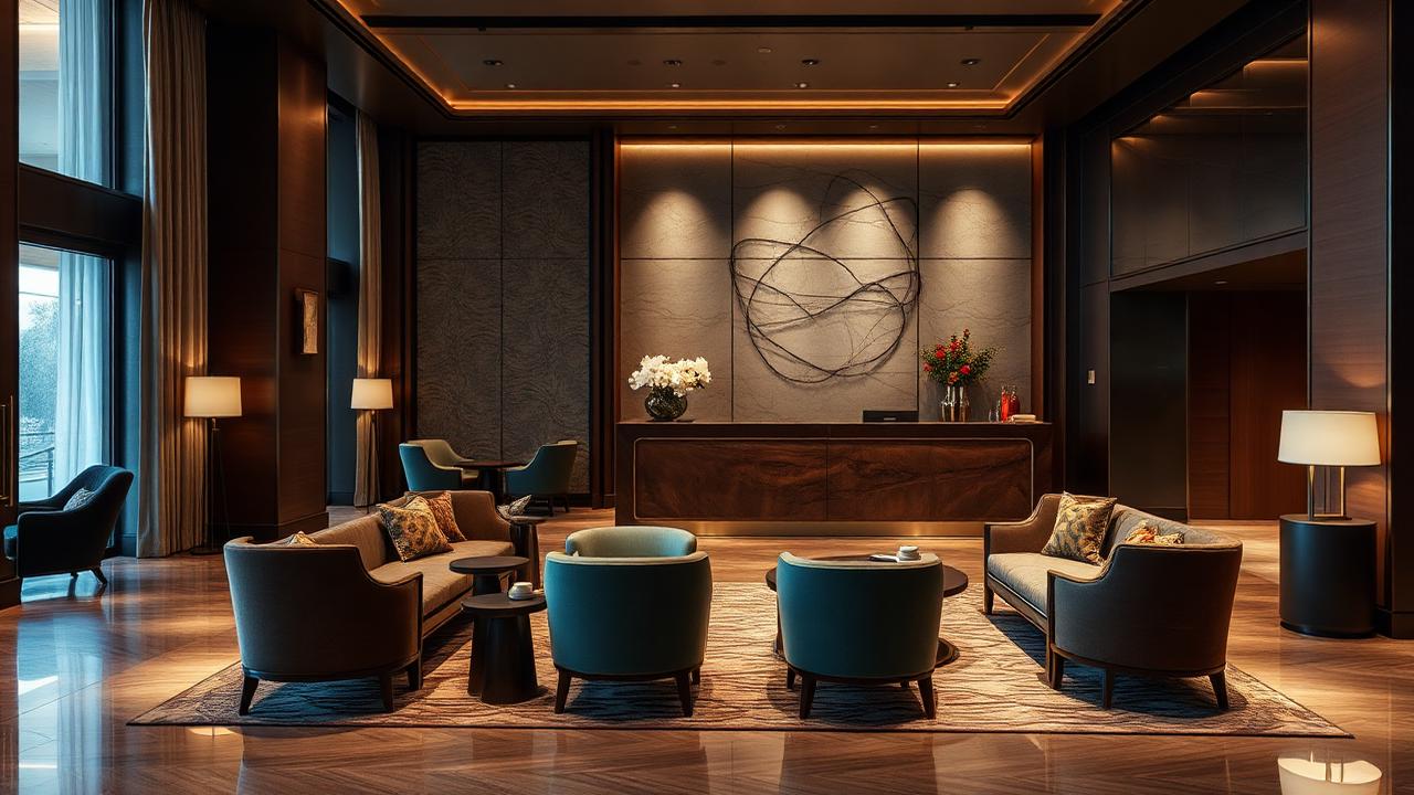 Custom hospitality furniture in a hotel lobby at golden hour.