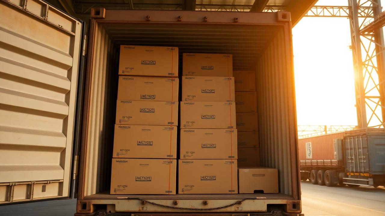 Flat-pack KD furniture stacked for container loading in India.