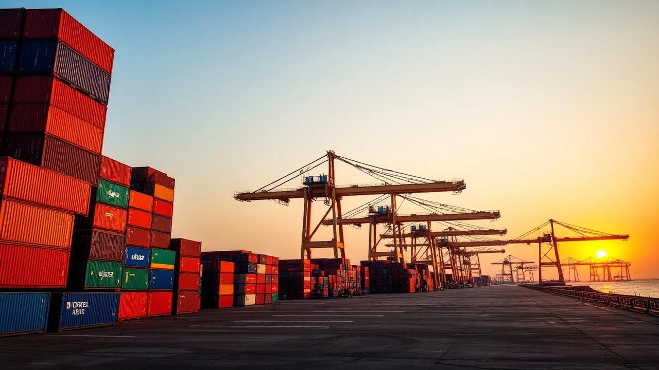 Container port at dawn, gantry cranes loading containers.