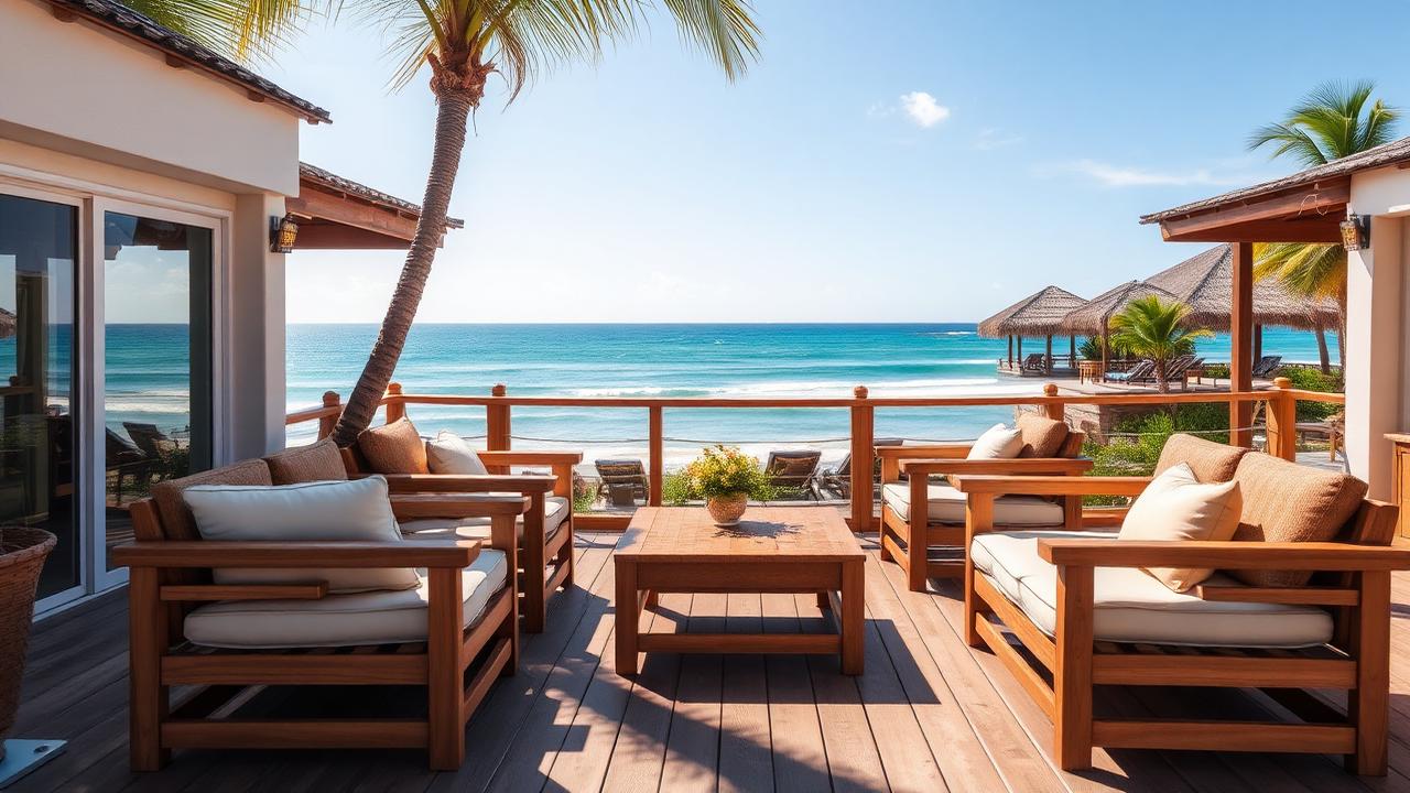 Outdoor resort furniture in teak and woven rope at golden hour.
