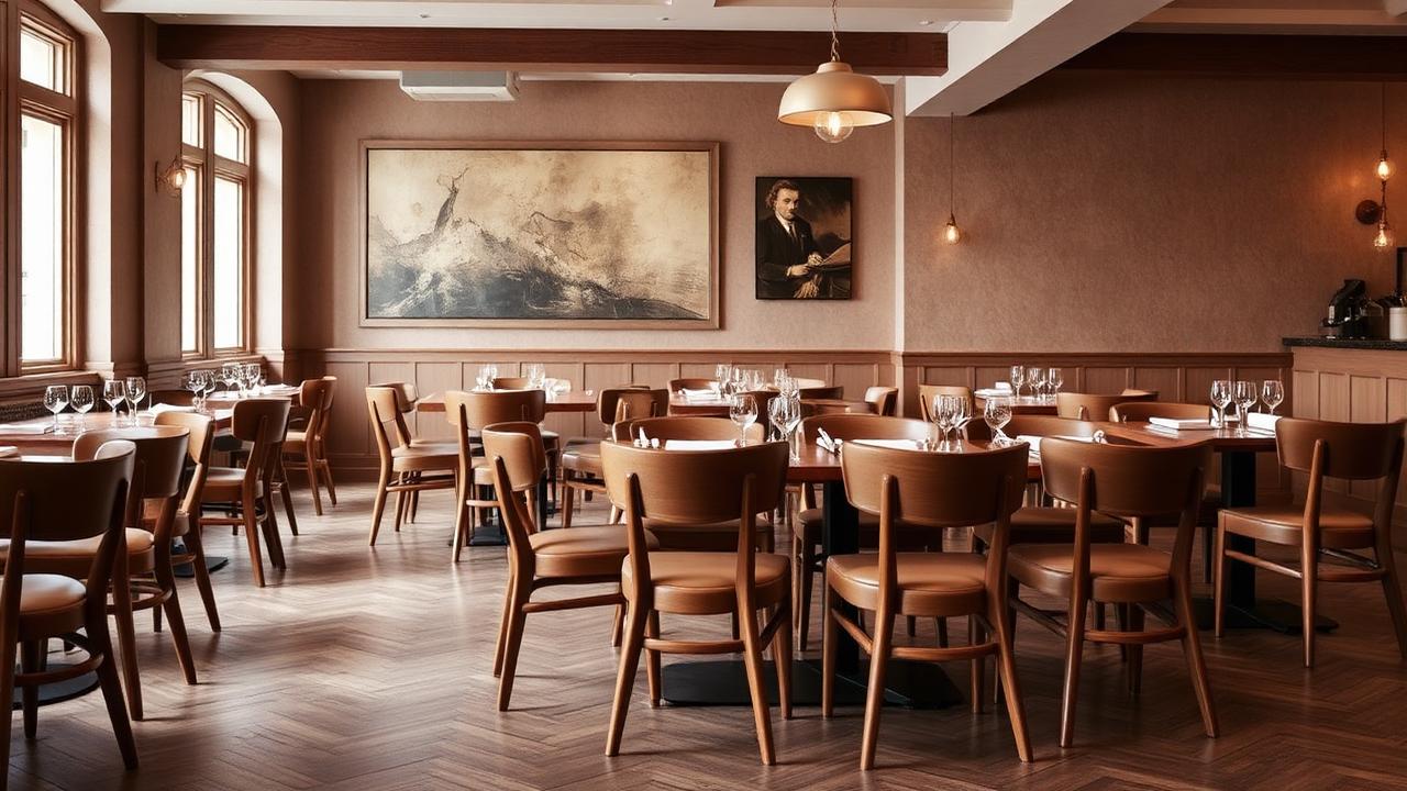 Stacked contract-grade dining chairs in a restaurant interior.